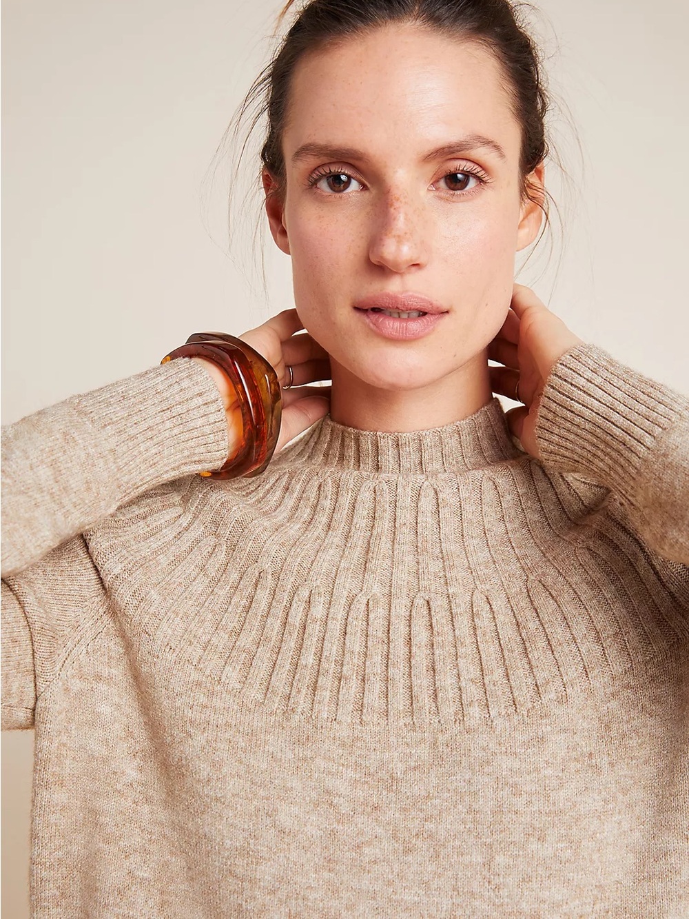 Anthropologie Neutral Ribbed Yoke Mock Neck Sweater